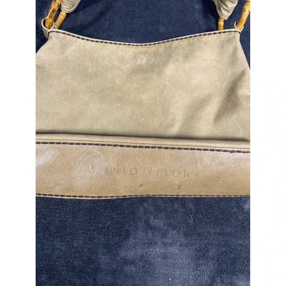 Plinio Visona Italy Tan Leather Bamboo Handle Hobo Shoulder Bag Leopard Lining